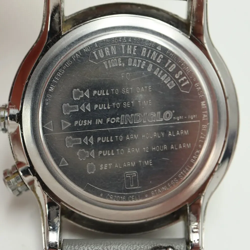Timex Shenmue Alarm Silver Tone 39mm Watch Indiglo Gray Leather w New Battery